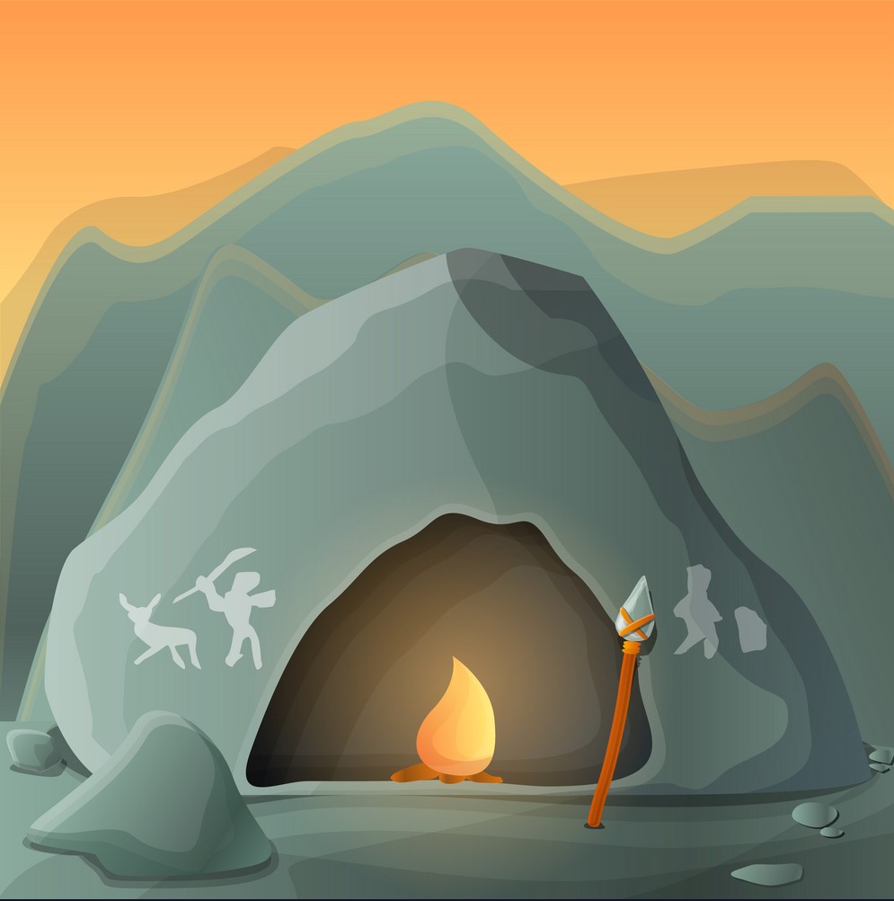Stone age cave concept background. Cartoon illustration of stone age cave vector concept background for web design